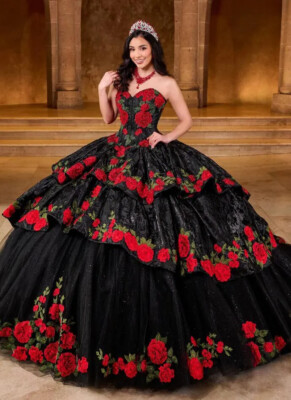Black Quinceanera Dresses Floral Applique Ruffles Princess Lace-up Corset Gothic