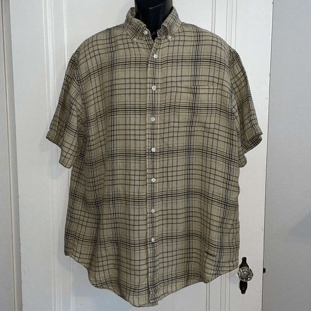 Daniel Cremiuex Collection tan & black plaid linen shirt