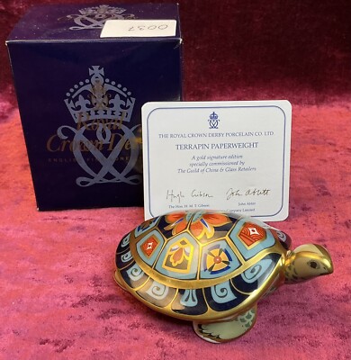 Ein limitierter Royal Crown Derby Terrapin Briefbeschwerer Gold Stopper, Zertifikat & Box