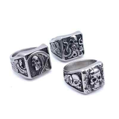 Personalized Retro Death Gothic Rose Skull Head Stainless Steel Ring Size 7-13