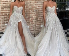 Sparkle Beaded Sequined Wedding Dresses A-line Bridal Gowns Strapless Split 