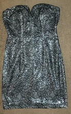 Formal Prom Dress Black Silver Sequin Strapless Sweetheart Neckline Size 16
