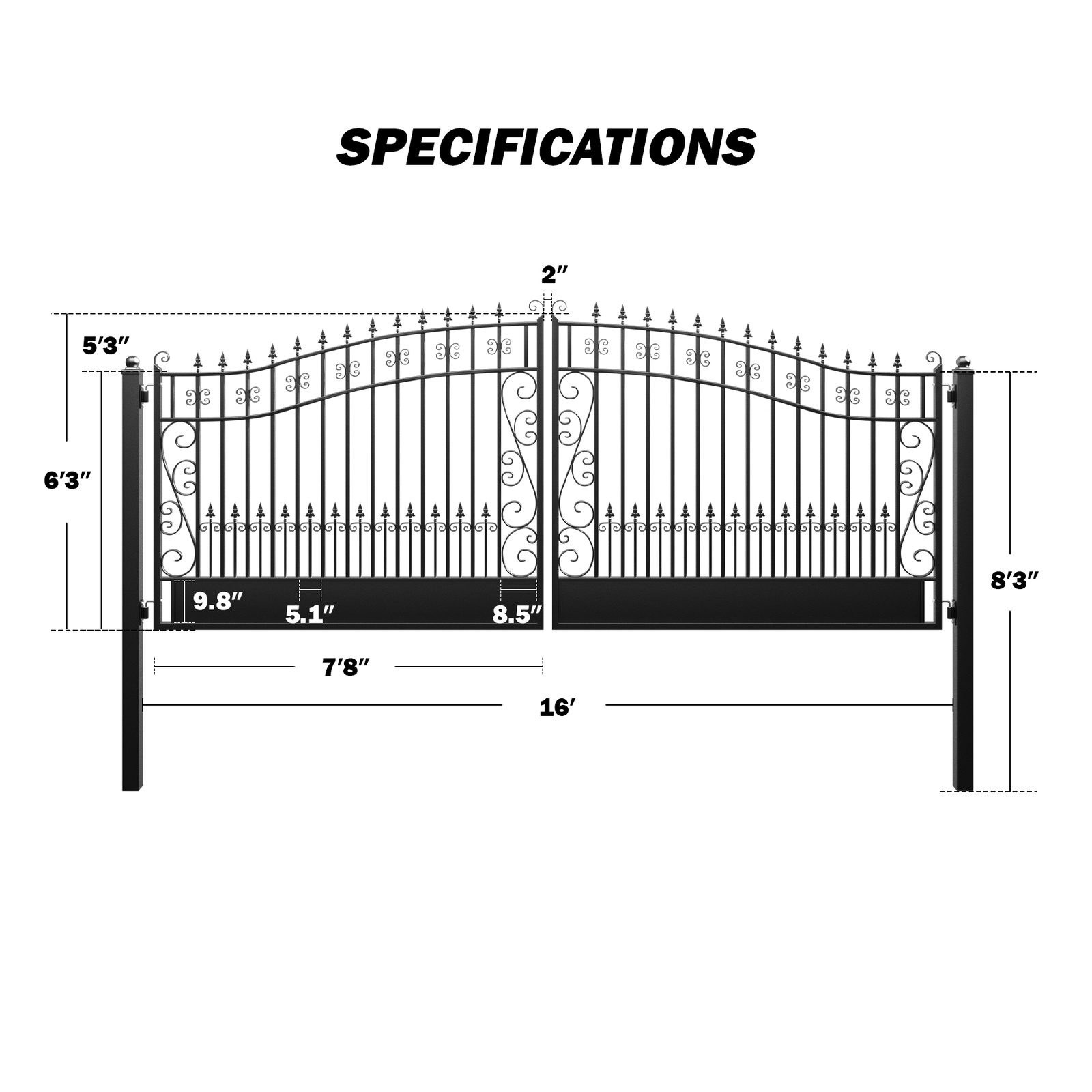 ZUMI 16x6 ft. Dual Swing Gates for Driveway Heavy Duty Iron Gates for Outdoor