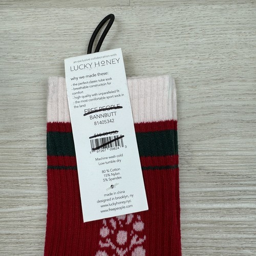 Free People Movement X Lucky Honey Tube Sock Bannbutt OSFM Red Cream Green - Picture 3 of 3