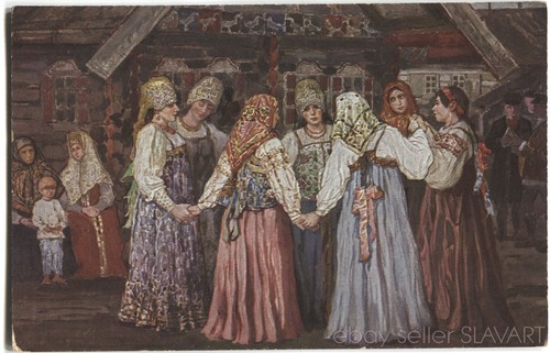POSTKARTE Russisches Gemälde Plotnikoff Hochzeit Tanz Volkstracht Sarafan Kleid