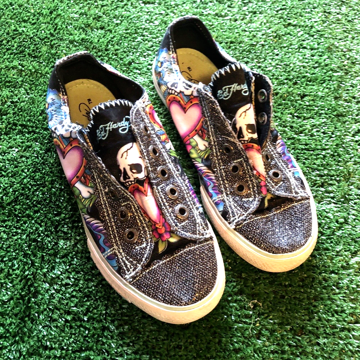 Ed Hardy SLR GLITTER SHOES GRAY WHITE WITH DESIGNS US EU 33 UK