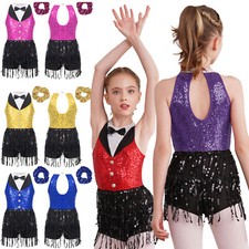 Girl Sequin Latin Dance Dress Sleeveless Gymnastic Leotard Costume with Hairband