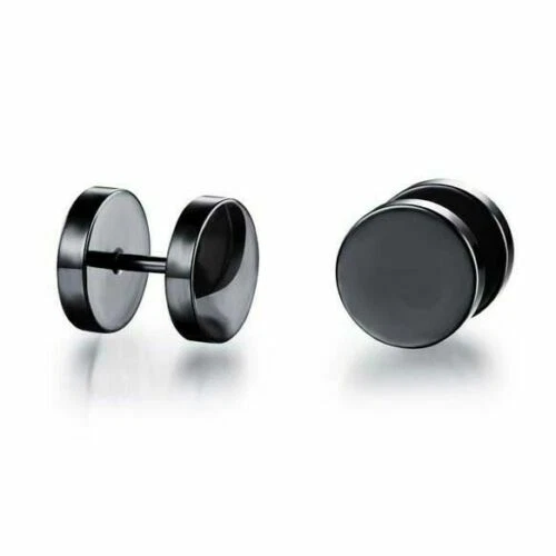 1 Pair Black Flat Round Barbell Plug Stud Earring Stainless Steel Men 3-14mm - image 4 of 4