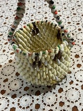 Vtg Shell Seashell Basket Bag Purse Top Handle Boho Retro Festival Beach