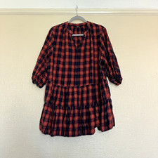 Next Red Black Check Tiered Smock Dress Tunic 3/4 Sleeve Size 14 Boho Casual