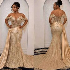 Luxury Champagne Mermaid Prom Dresses Strapless Lace Beaded Sequins Evening Gown