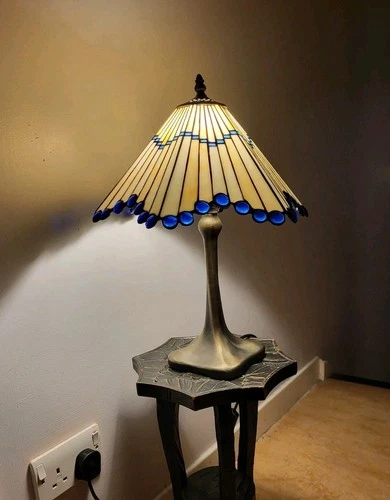 Vintage Tiffany Style Table Lamp, Cream And Blue Stained Glass Shade