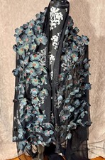 Sheer Floral Shawl Wrap Black Mesh 3D Applique Statement Overlay