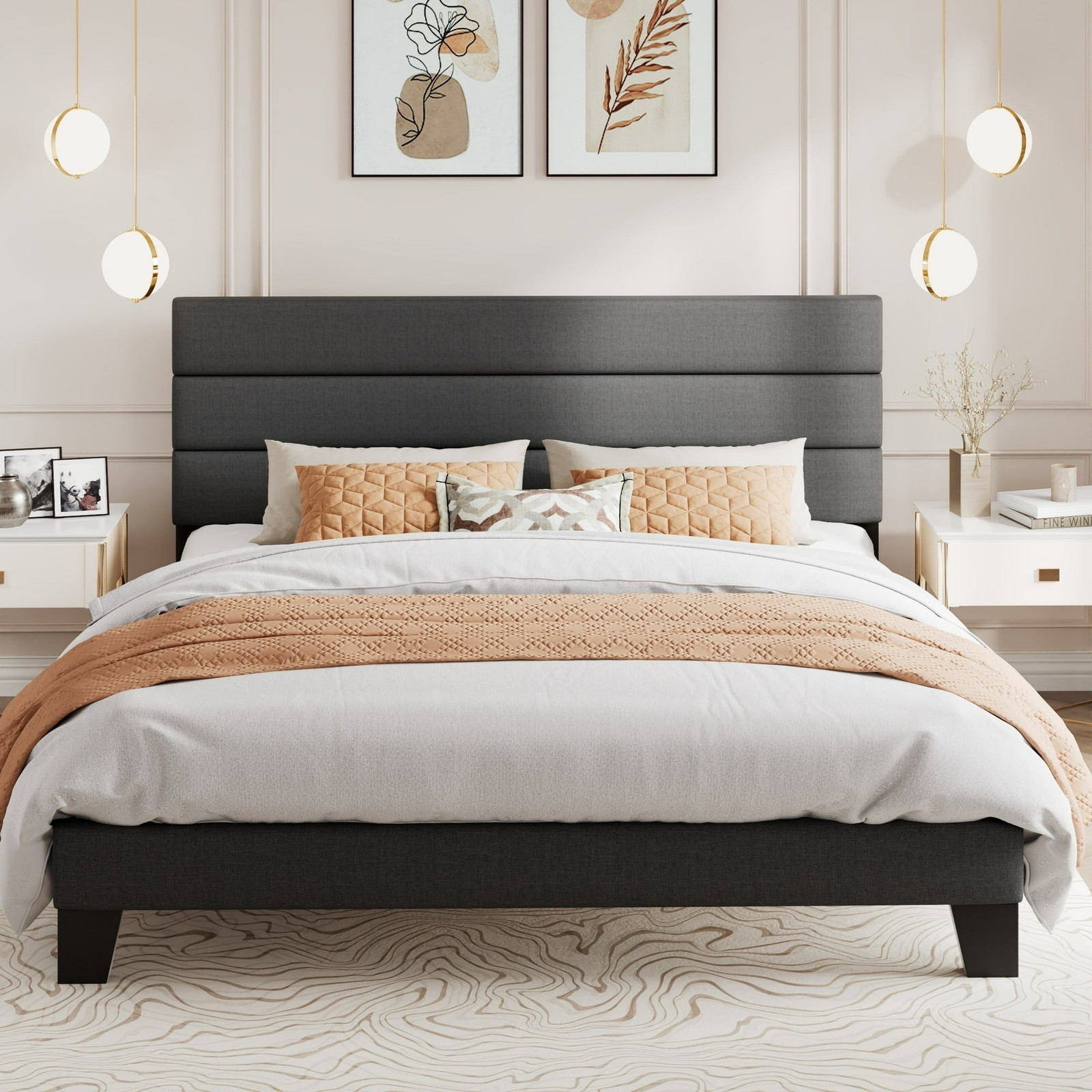 Amolife 1011322-6 King Bed Frame, Platform Bed Frame with Fabric Upholstered