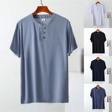 Men's Shirt Daily Holiday Male Regular Slight Stretch Vacation Collarless Tshirt