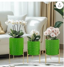 Green Ceramic Planter Set with Metal Stands for Indoor Plants