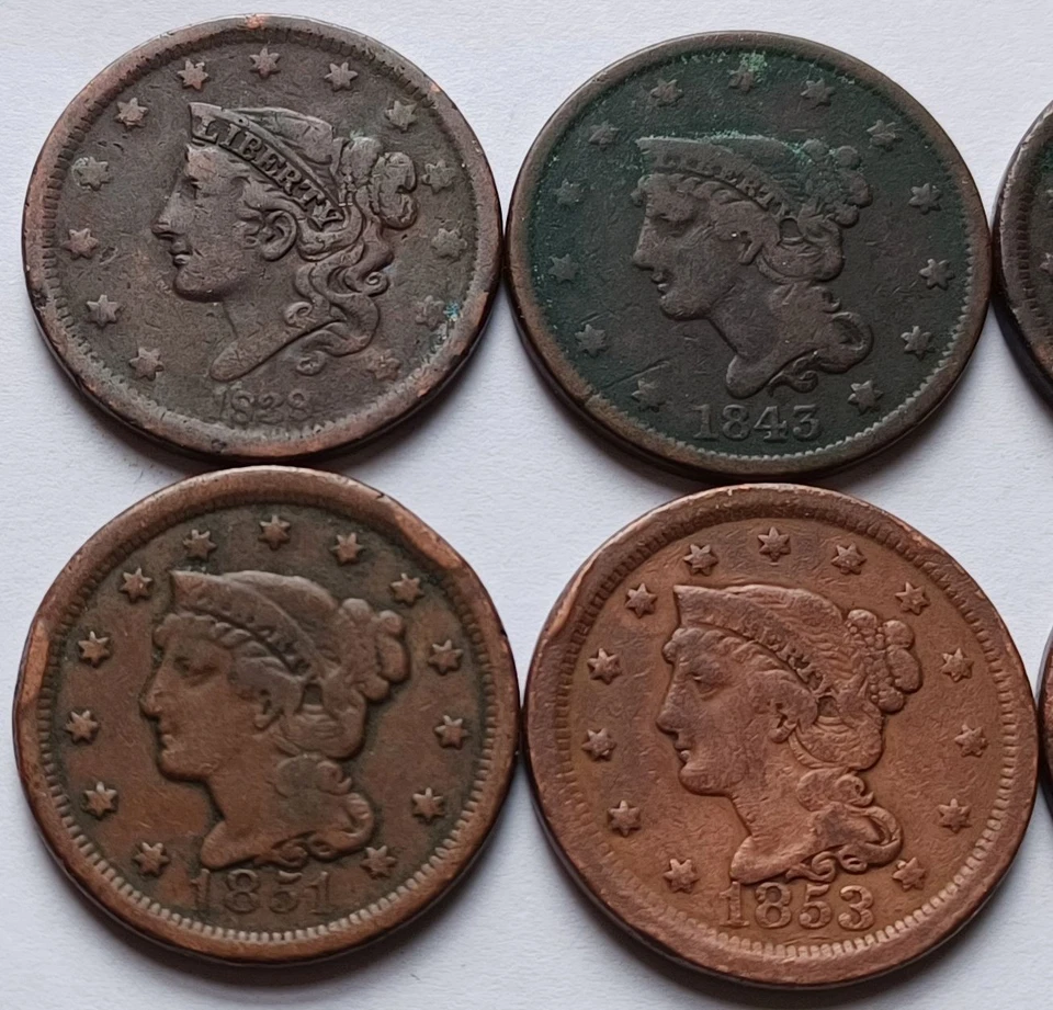 Lot of 6 Coronet & Braided Hair Large Cents 1839/43/46/51/53/55 - Image 3 of 4