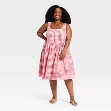 Women's Button-Front Midi A-Line Dress - Ava & Viv Red Gingham 1X