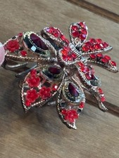 Large Floral Hair Clip With Red Rhinestones Metal note missing rhinestone