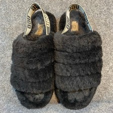Ugg Womens Size 7 Black Fluff Yeah Plush Faux Fur Slingback Slippers Shoes