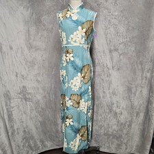 Amy Lee Cheongsam Dress Womens M Blue Floral Tropical Made in Hawaii Maxi Qipao