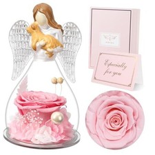 Memorial Dog Gift - Glass Angel  Dog Figurine with Real Preserved Rose, Pink