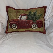 Christmas Pillow Red Truck With Trees Red And Gold Shimmer 18x12x4