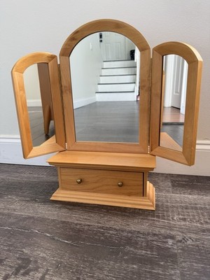 Vintage Wood Vanity  Triple Mirror Dresser Table Top Drawer Storage