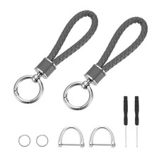 2 Pcs Weave Key Chain Ring Braided Rope Leather Keychain Grey