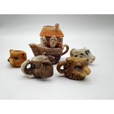 Noah's Ark Miniature Tea Set Resin Teapot with 4 Animal Head Cups Collectible