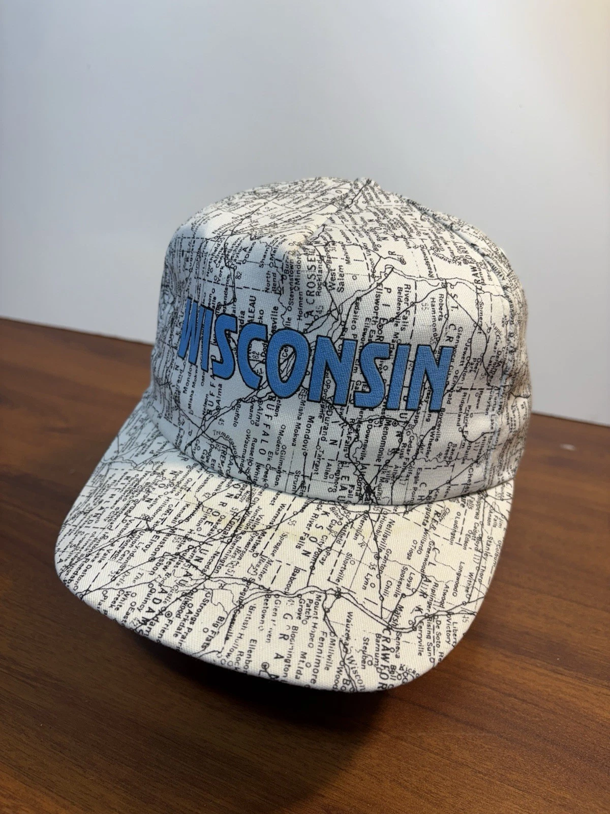 Vintage 90s Wisconsin State Map SnapBack Hat Baseball Cap USA AOP Blue Print