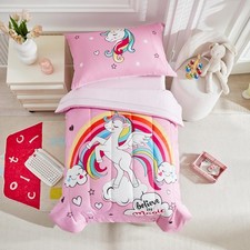 4 Pieces Bedding Set for Girls - Pink Unicorn Cartoon Stars Rainbow Print Cut...