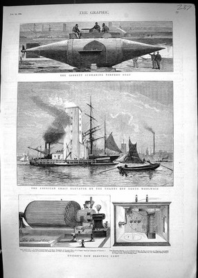 Alte 1880 Garrett U-Boot Torpedoboot Edison elektrische Lampe Korn El viktorianisch