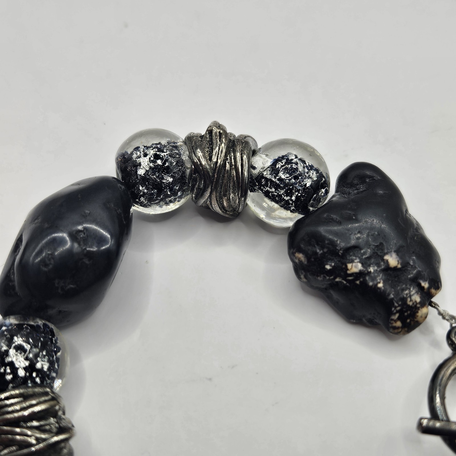 Handmade Lava Stone And Silver Foil Bead Bracelet Chunky Blue Black Boho Earthy