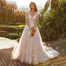 Customized Elegant Lace A-line Wedding Dresses Long Sleeves O-Neck Bride Gowns