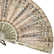 Edwardian Hand Fan Silk Sequins and Spangles Circa 1910 Pink Gilt Trim 14.25"W