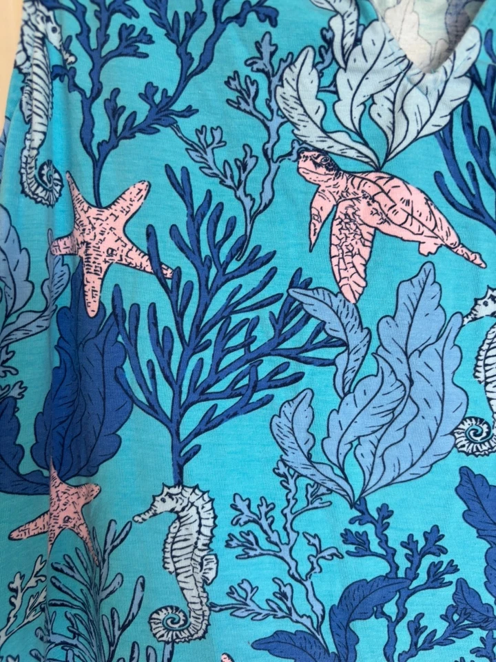 Мини-платье Pappagallo Azure Ocean Print с оборками M синее тропическое - Изображение 2 из 4