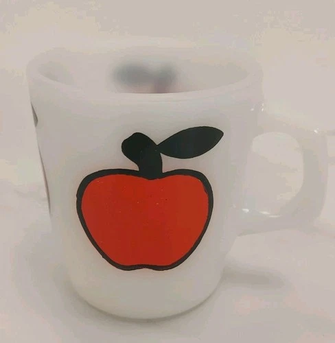 Vintage Mid Century FIRE KING RED APPLE COFFEE MUG  Anchor Hocking Milk Glass