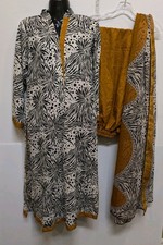 Indian/Pakistani Mustard yellow/White/Black Design Shalwar Kameez set 3 Pcs NWOT