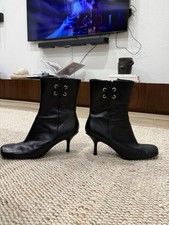 Vintage 90s Y2K Black Leather Square Toe Lace-Up Kitten Heel Ankle Boot