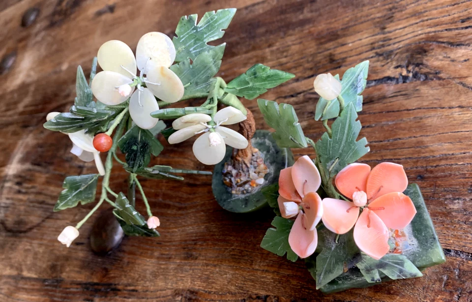 2 Bonsai Árboles Flores Alambre Verde Piedra Vidrio Chino Jade Flor Cerezo De Colección Foto 3 de 4