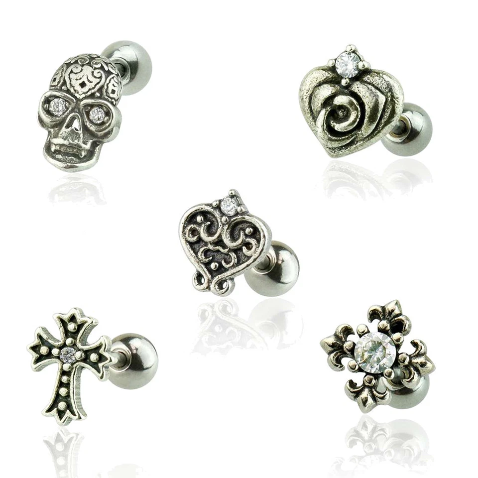 925 Silber Piercing Tragus Helix Kreuz Totenkopf Rose Fleur De Lis Herz Zirkonia - Bild 1 von 1