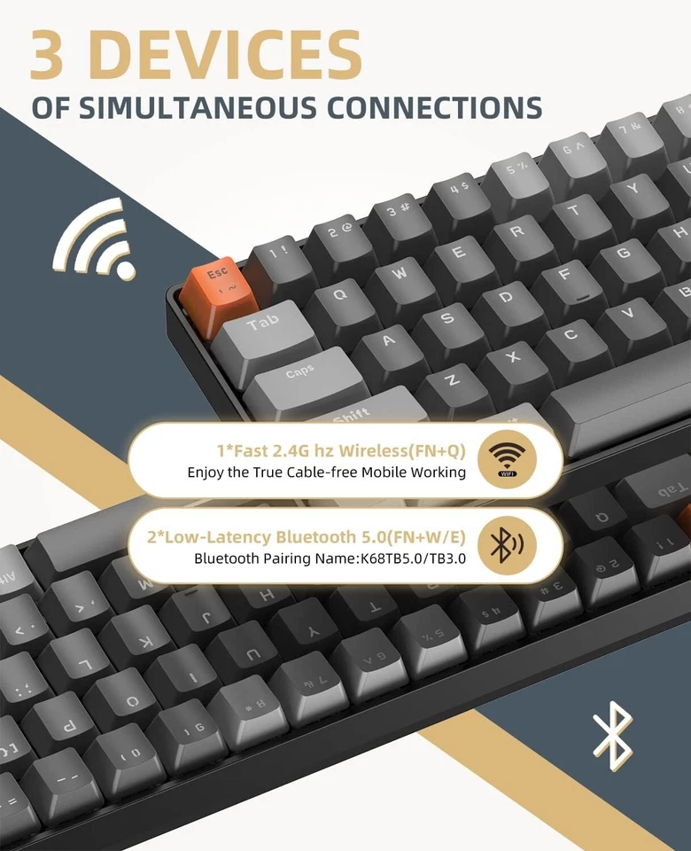 ZIYOULANG K68 60% Wireless Mechanical Keyboard, BT 5.0/2.4GHz with Dual Mode - Image 3 of 4