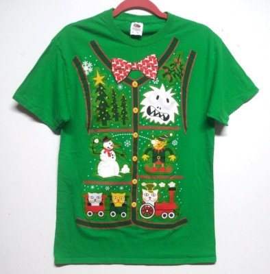 Mens Ugly Christmas T shirt Sz M Fruit Of The Loom Cats Snowman Elf & Yeti Shirt