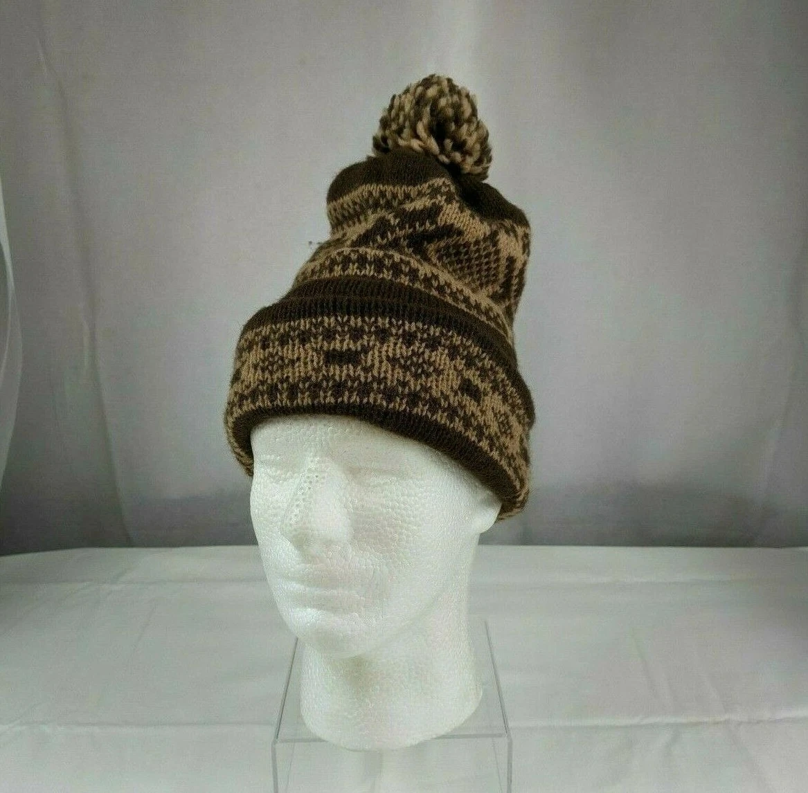 Retro Brown / Tan Knit Pom Pom Beanie Hat Winter Cap Unisex Bernie Cosplay Prop