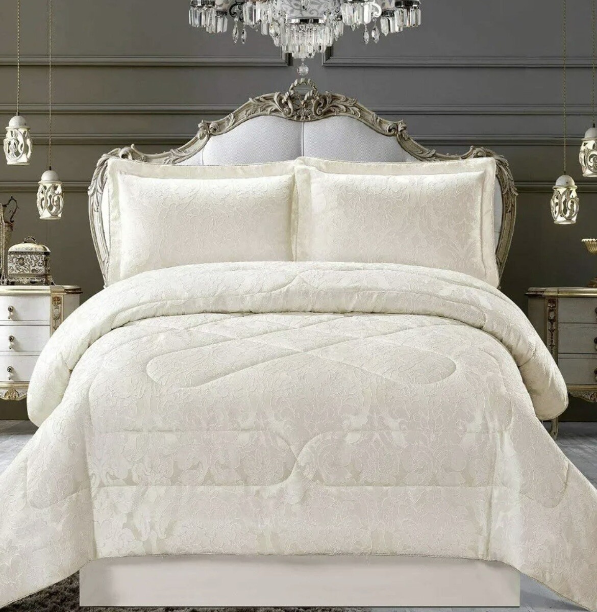 Luxury Cream Bedspread Set Damask Jacquard Cushions Curtains 66 54 90