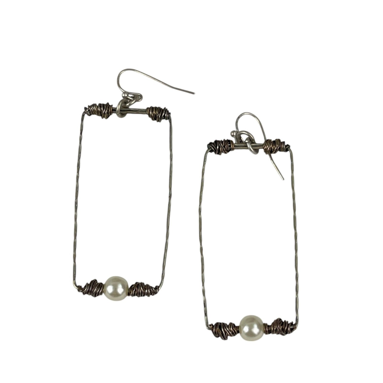 Handcrafted Wire & Pearl Rectangular Dangle Earri… - image 1