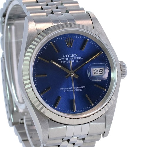ROLEX DATEJUST MENS BLUE INDEX DIAL 18KW FLUTED STEEL JUBILEE 36MM WATCH 16234
