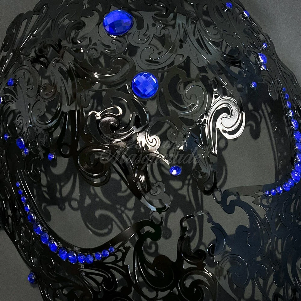 Candy Skull Collection | Metal Masquerade Mask Black with Blue Rhinestones Men - Image 4 of 4
