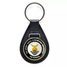 US Army 464th Chemical Brigade Veteran Black Leather Keychain Silver Keyring